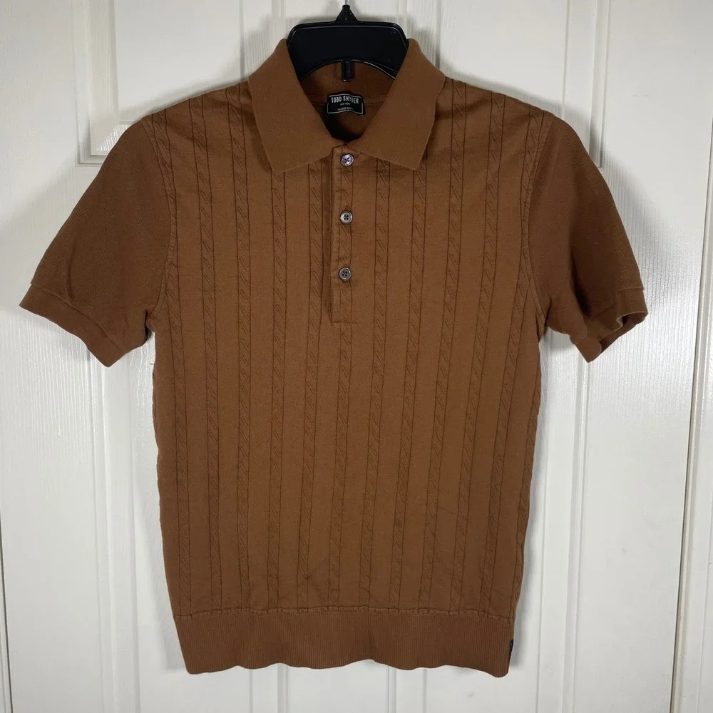Todd Snyder Men XS Copper Brown Cable Knit Cotton Sweater Polo Shirt Tipped Rib